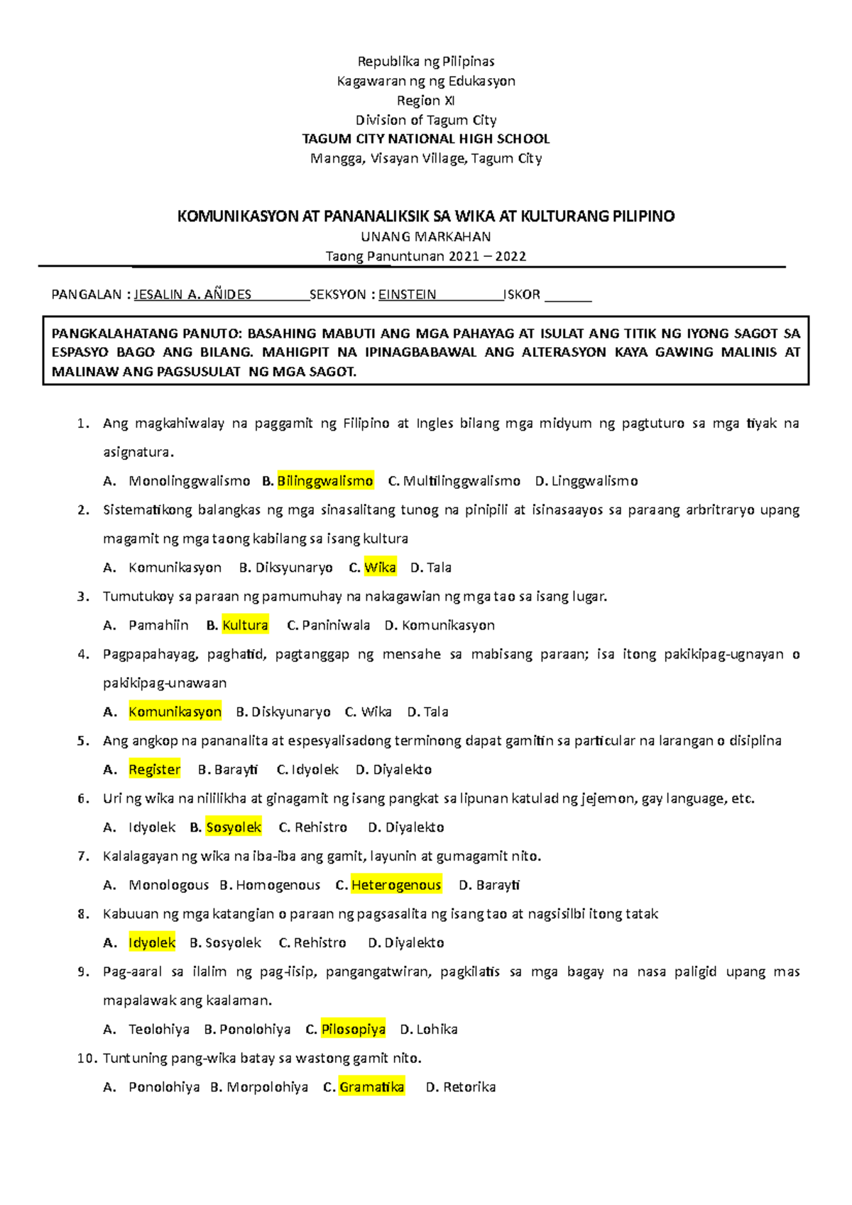 KPWP- Unang Markahan Parallel TEST - Thermodynamics for ME - AdDU - StuDocu