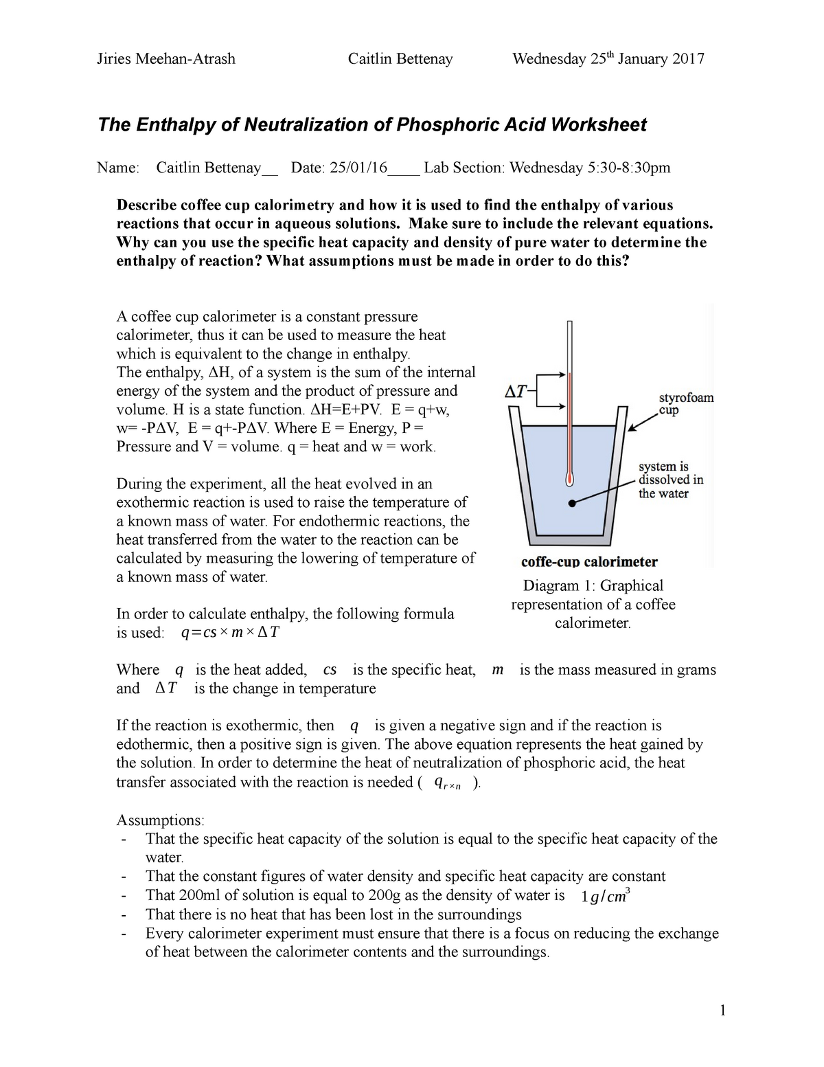 The Enthalpy of Neutralization of Phosphoric Acid Worksheet - CH Pertaining To Calorimetry Worksheet Answer Key
