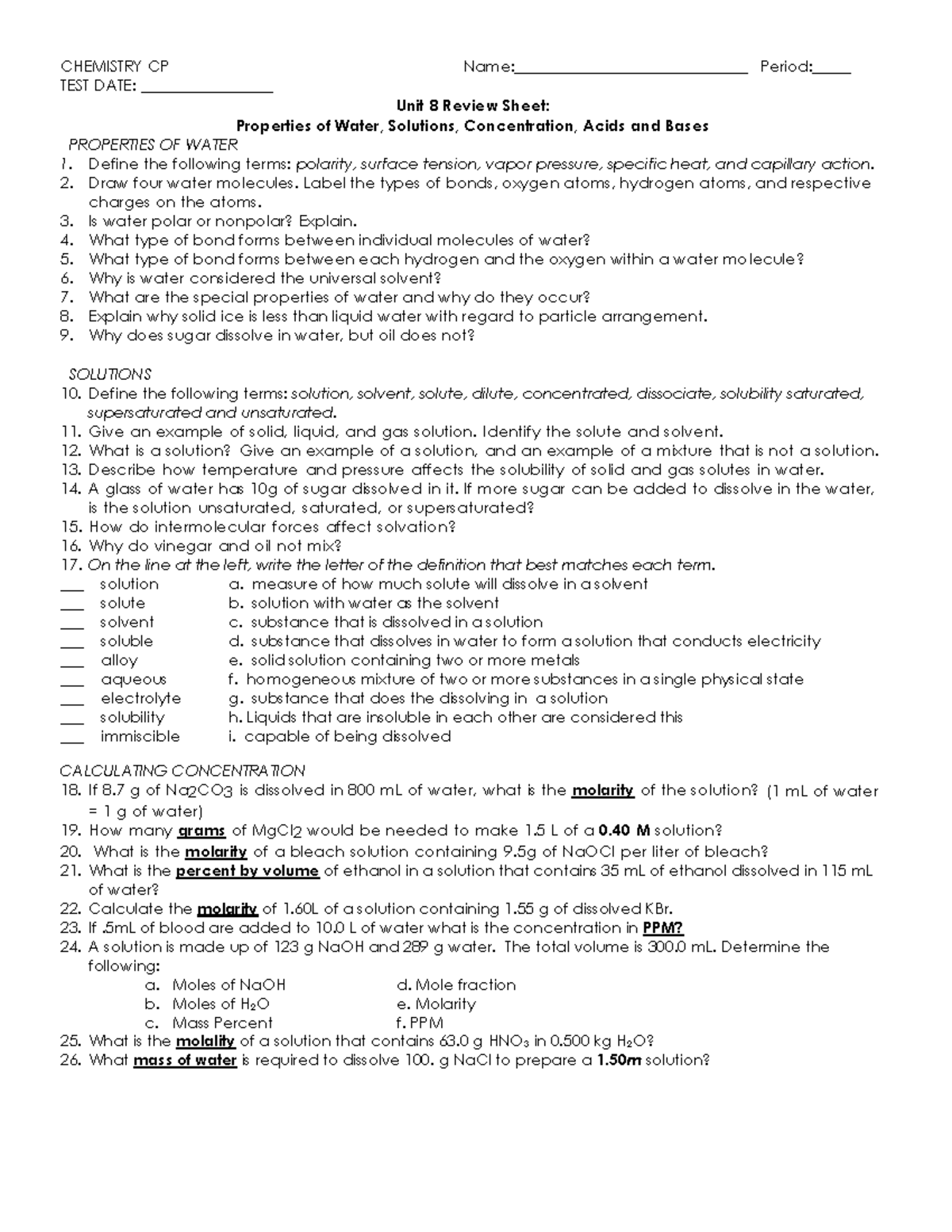 Properties Of Water Solutions Concentration Acids And Bases Review 