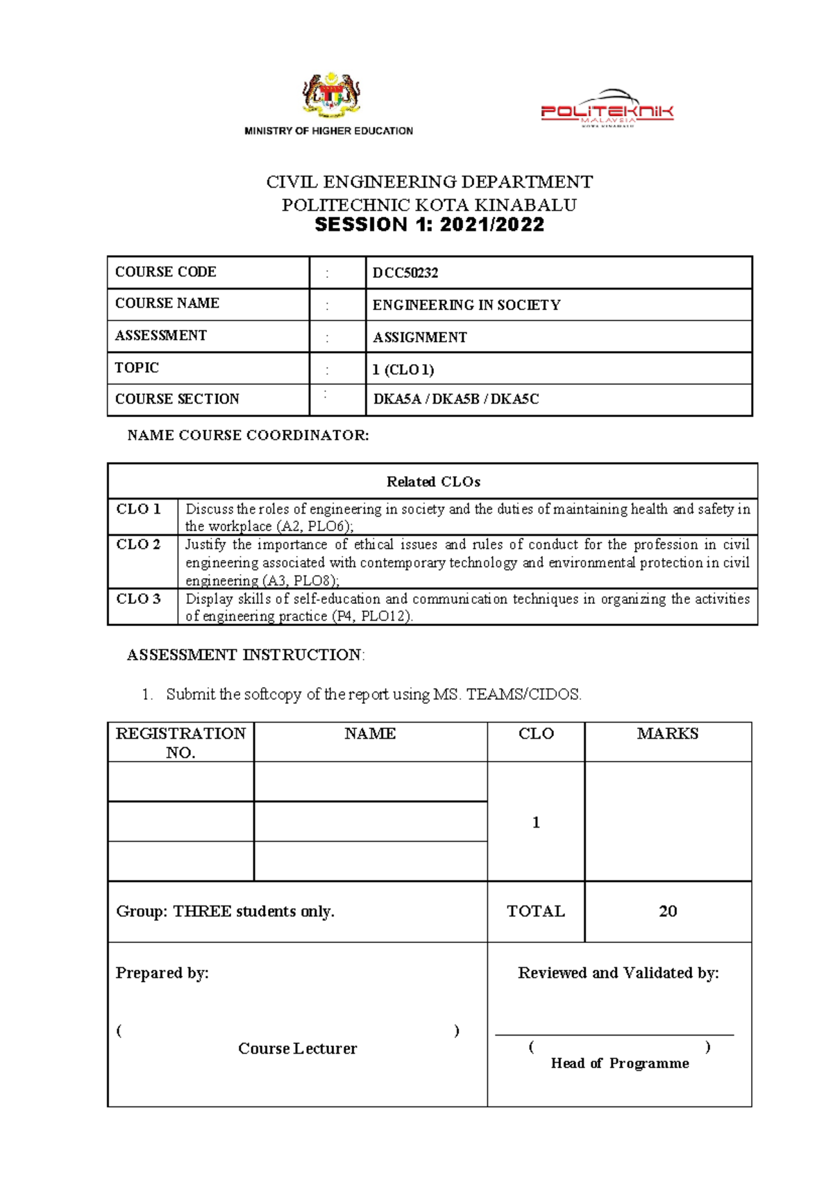 Assignment DCC50232 A2 DKA5C - CIVIL ENGINEERING DEPARTMENT POLITECHNIC ...
