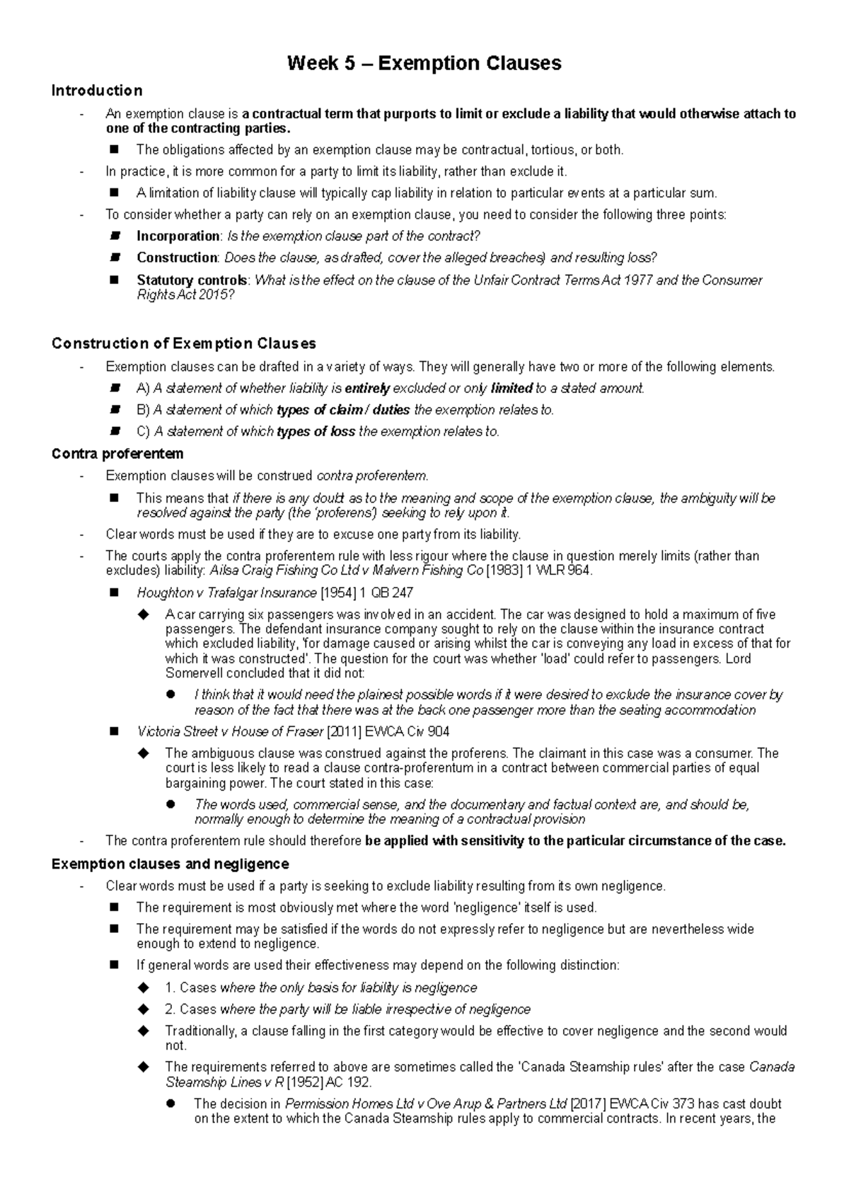 Week 5 - Week 5 Lecture note - Week 5 – Exemption Clauses Introduction ...