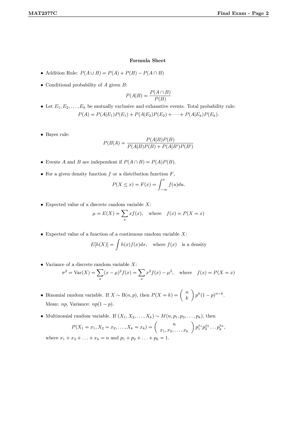 Final Exam-Formula Sheet - MAT2377C Final Exam - Page 2 Formula Sheet ...