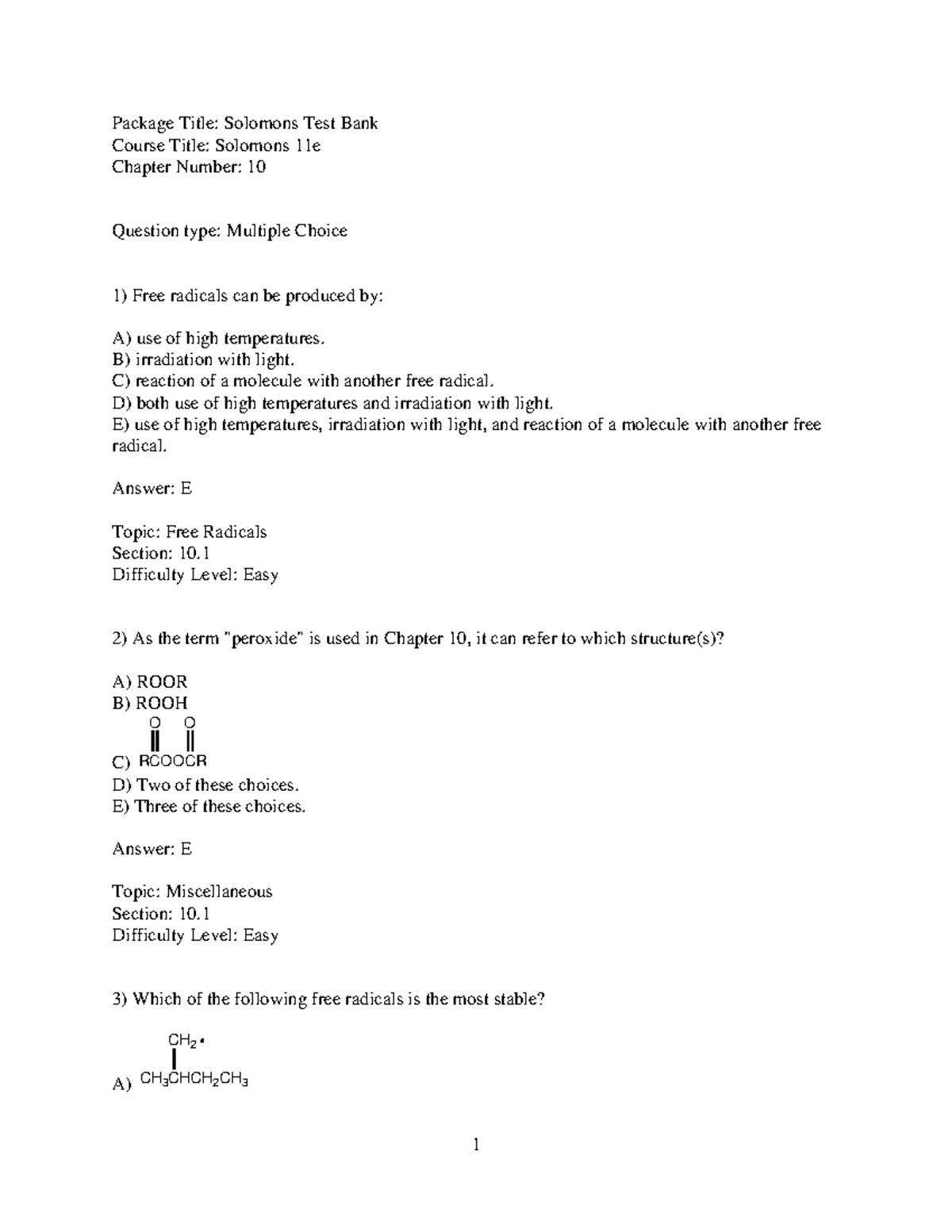 Practice Questions Organic Chem Package Title Solomons Test Bank