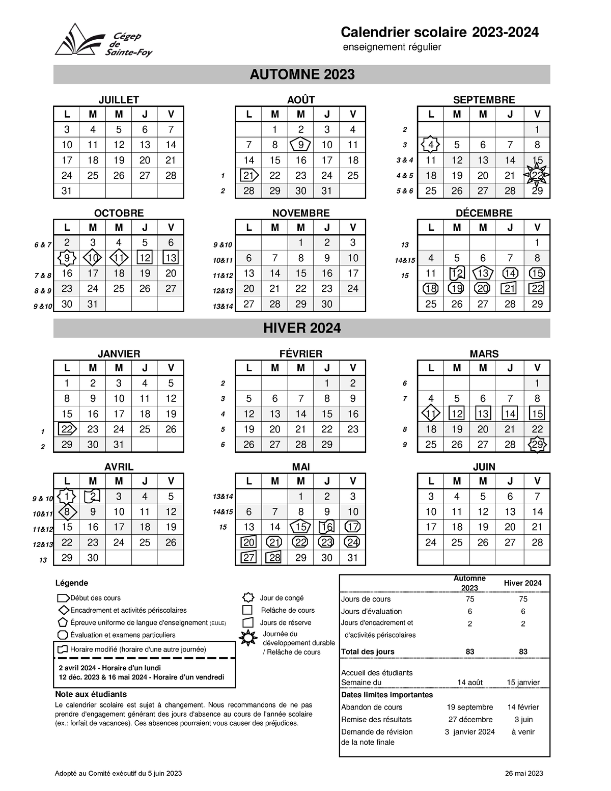 Calendrier scolaire 2023-2024 - Adopté au CE du 5 juin 2023 - L M M J V L M  M J V L M M J V 3 4 5 6 - Studocu