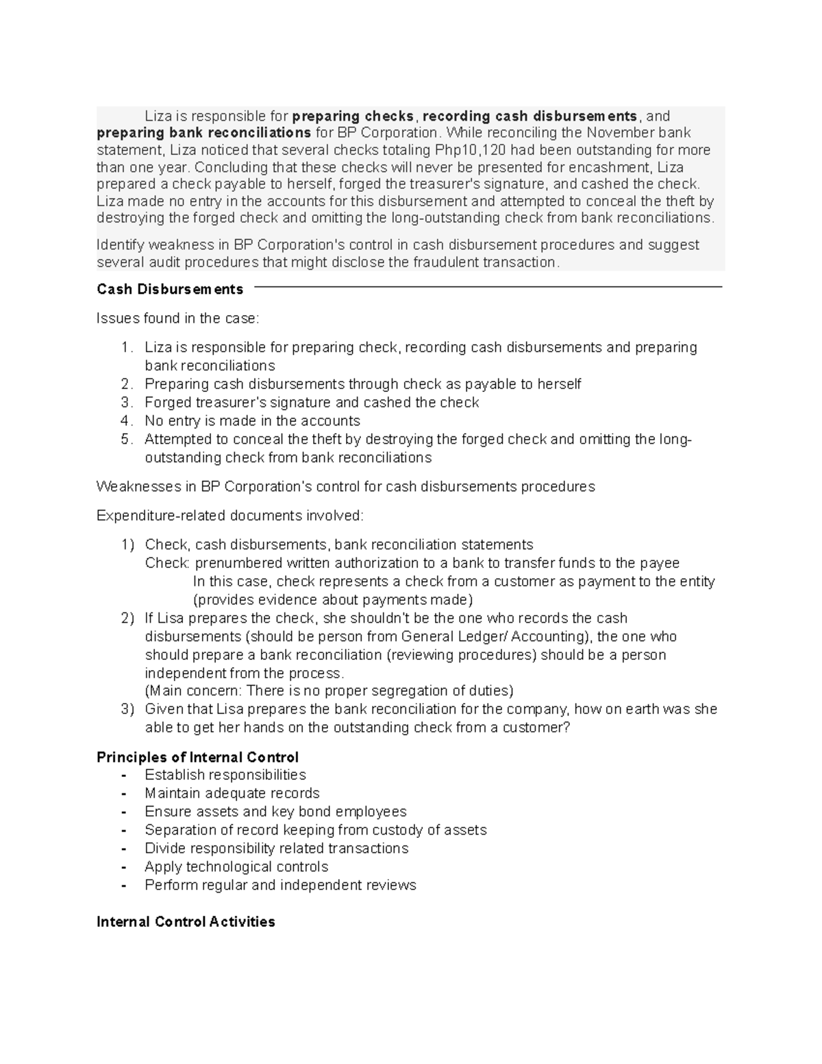 Expenditure Cycle Formative Assessment - Liza is responsible for ...