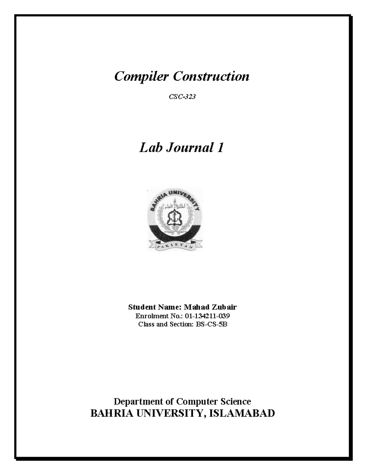 Lab 1 Journal 21022023 114808 am - Compiler Construction CSC- Lab ...