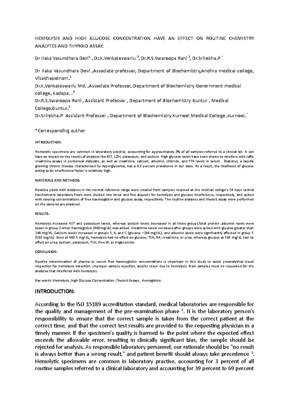 Effect OF Hemolysis AND HIGH Glucose Concentration ON Routine Chemistry ...