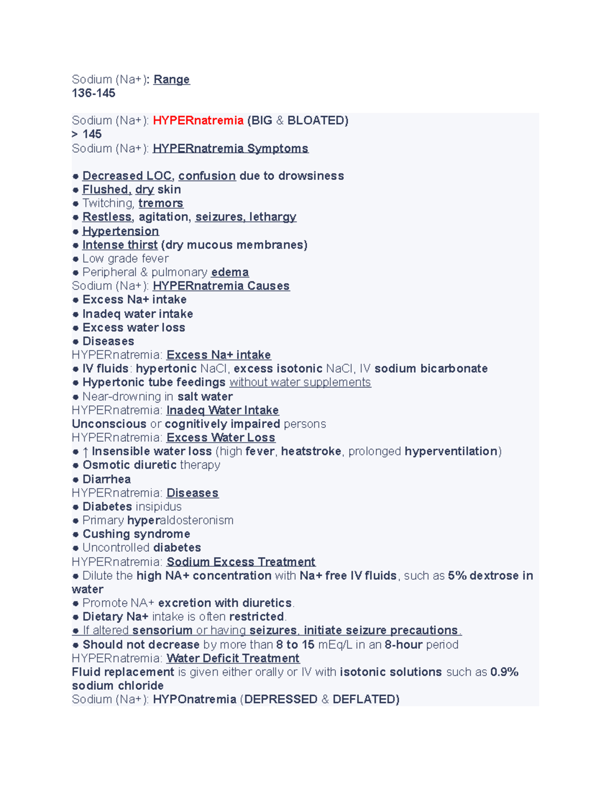 Fluid electrolyte imbalance - Sodium (Na+): Range 136- Sodium (Na+ ...