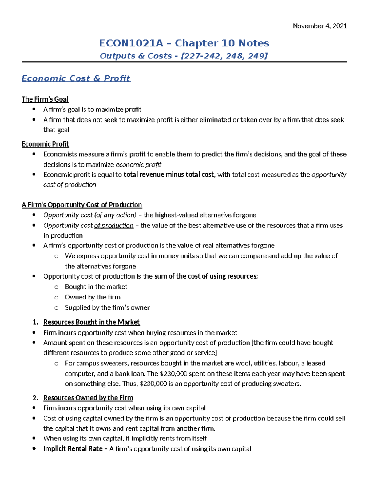 Chapter 10 - lec notes - ECON1021A – Chapter 10 Notes Outputs & Costs ...