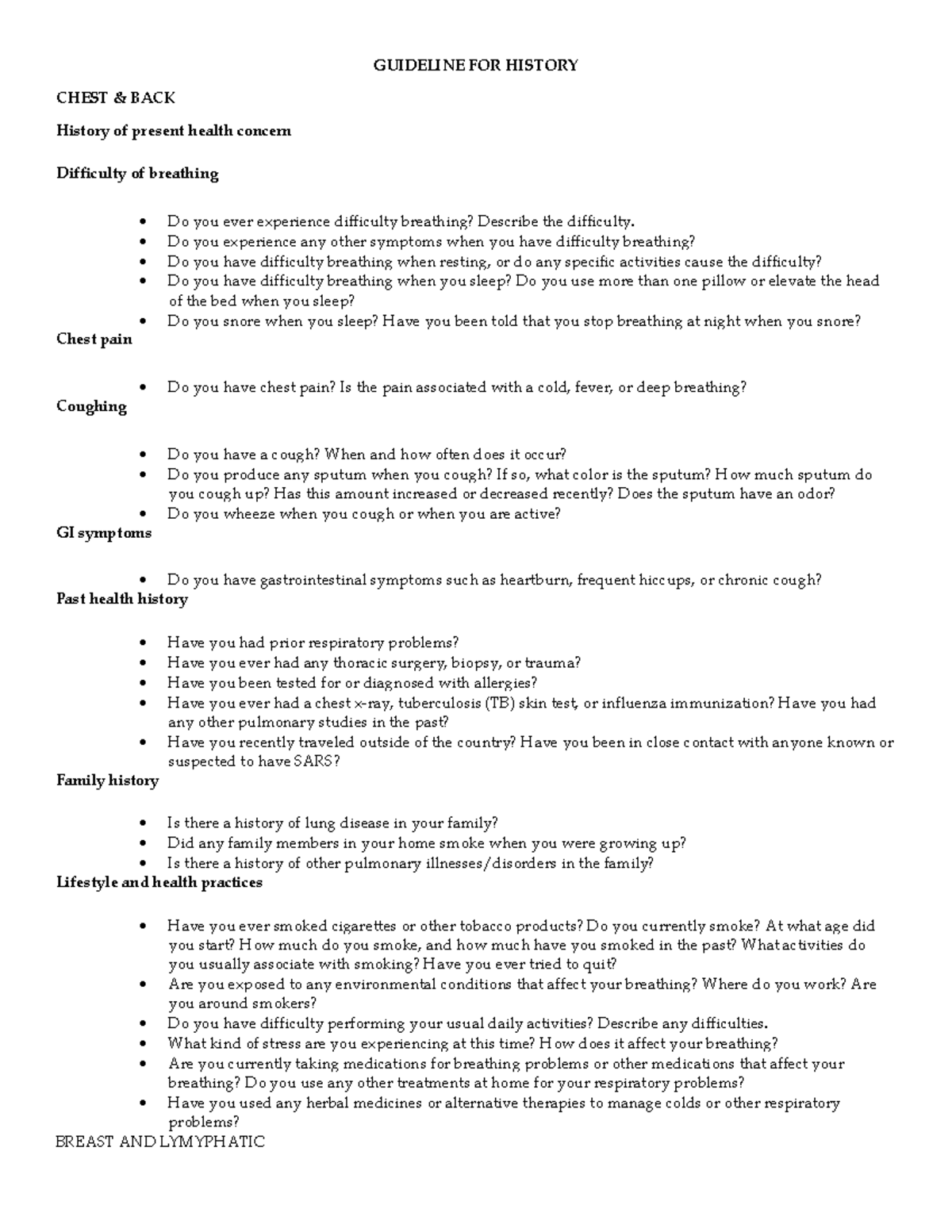 Hsitory Guide Chest BACK Abdomen Peripheral Supply - GUIDELINE FOR ...