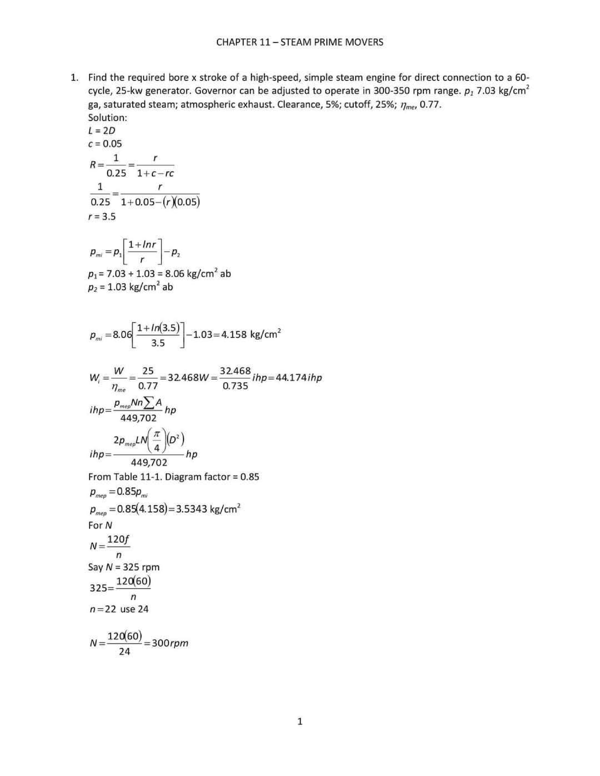 Chapter 11 - Steam Prime Movers - Find the required bore x stroke of a ...