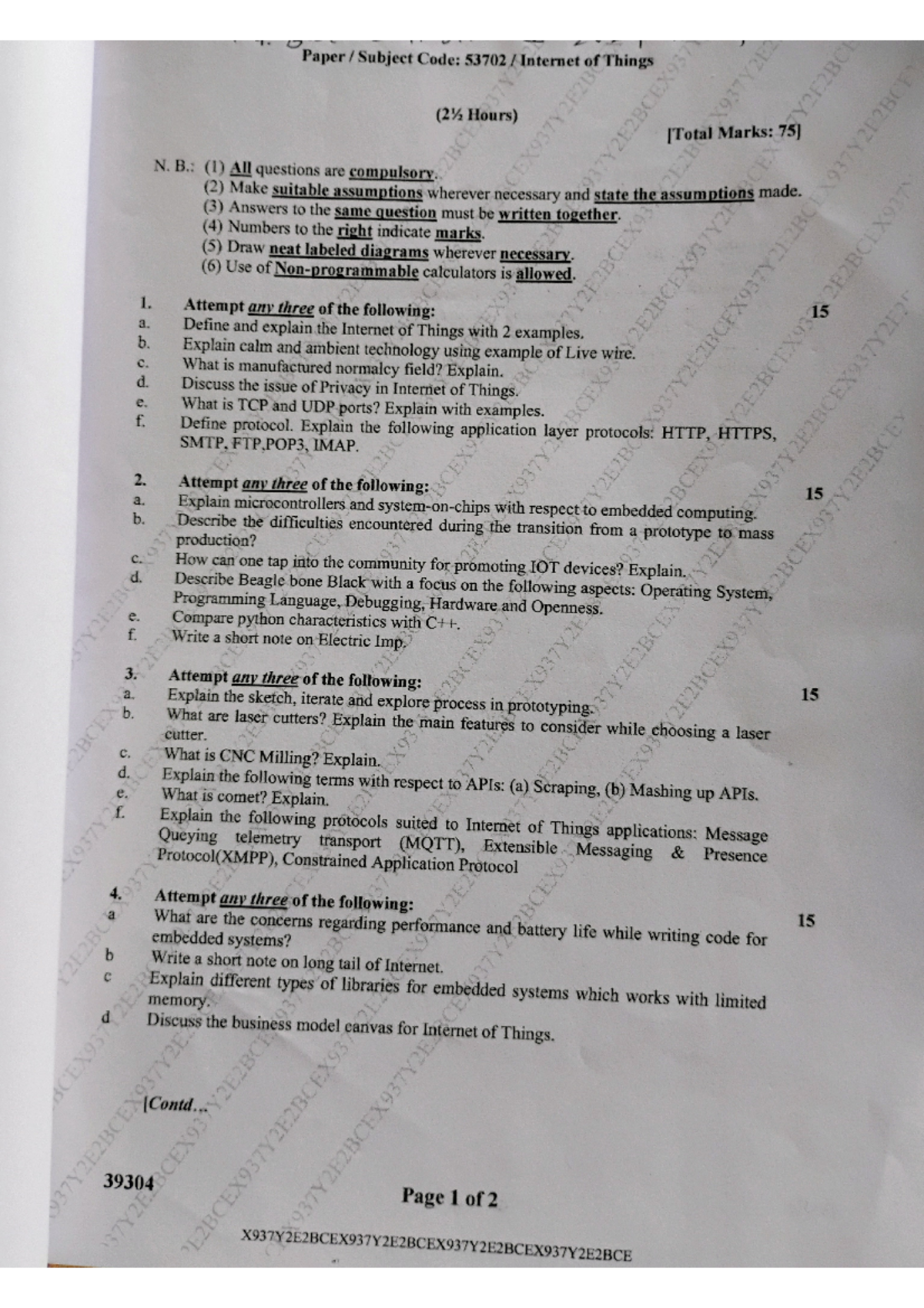 IOT Internet of things - Paper Subject Code: of Things (2 Hours) Marks ...
