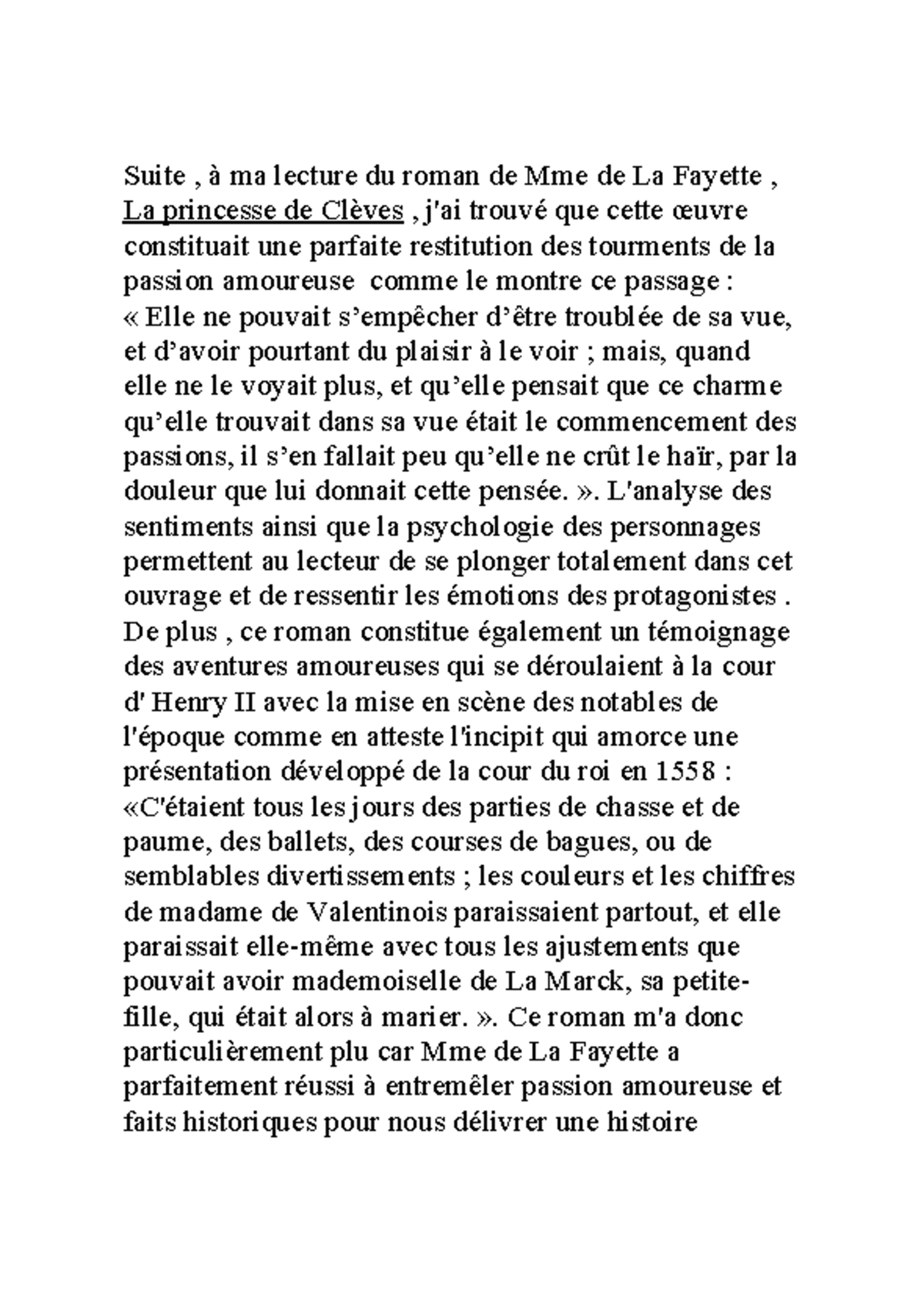 Avis sur La Princesse De Clèves Suite , à ma lecture du roman de Mme de La Fayette , La