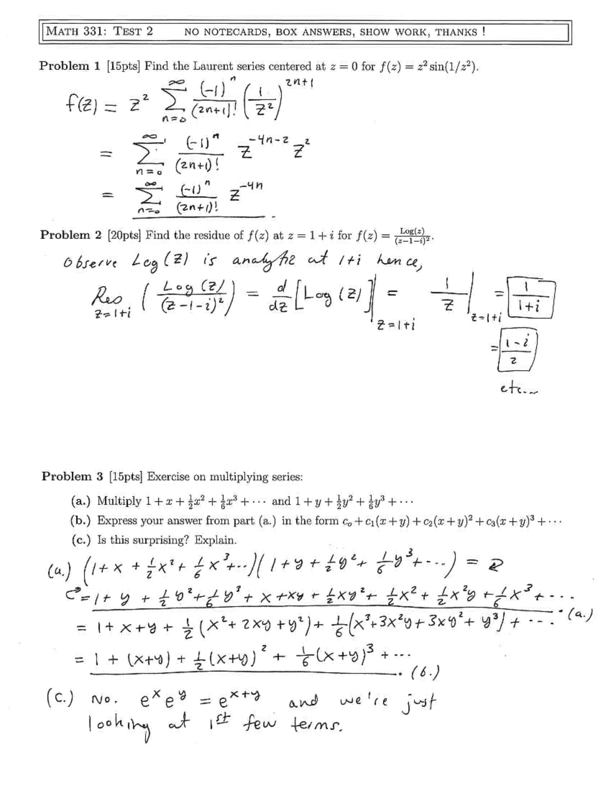 Complex Analysis Test 2 Solutions - Math 331: Test 2 No Ndtecards, Box 