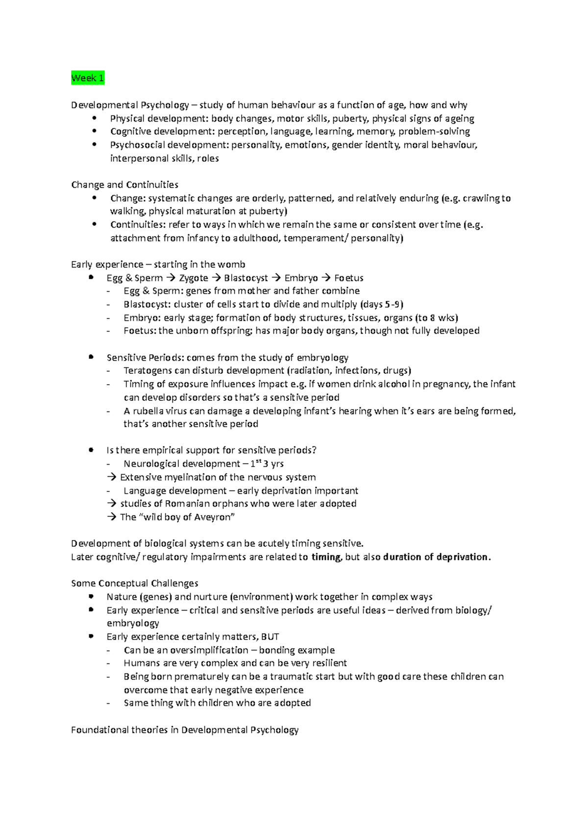 Psychology notes - Week 1 Developmental Psychology – study of human ...