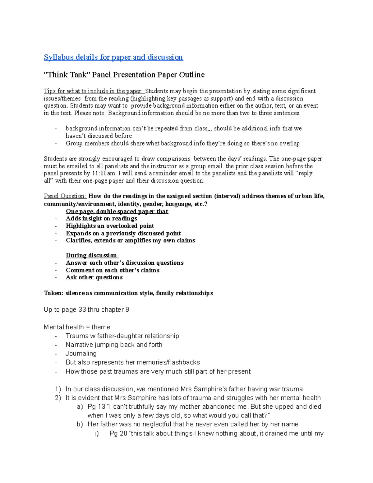 Think Tank Panel Presentation Paper Outline - Syllabus details for ...
