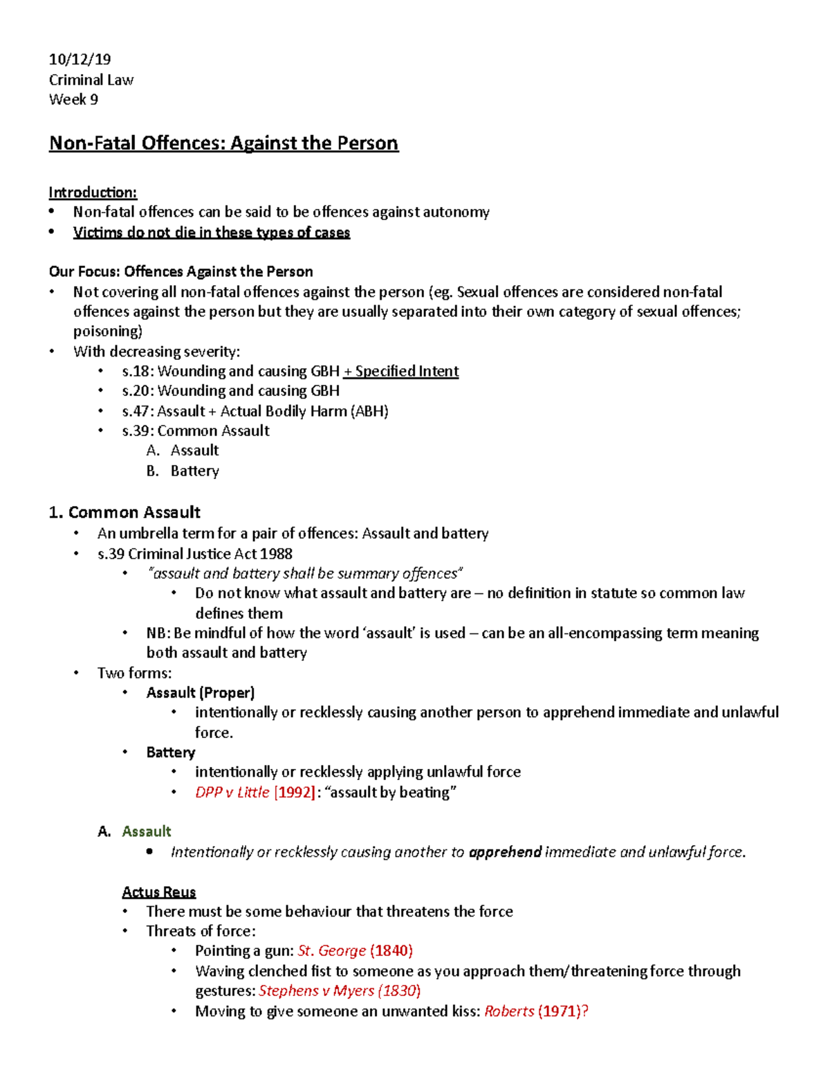Non Fatal Offence Lecture - 10/12/ Criminal Law Week 9 Non-Fatal ...