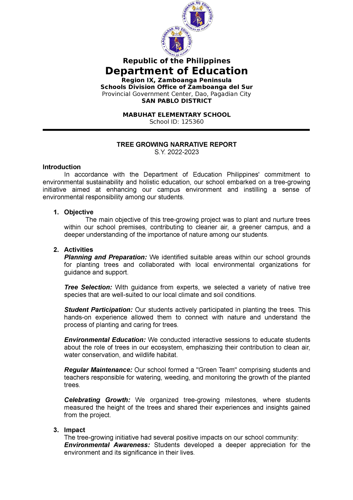 Sample Tree Growing Activity Narrative Report - Republic of the ...