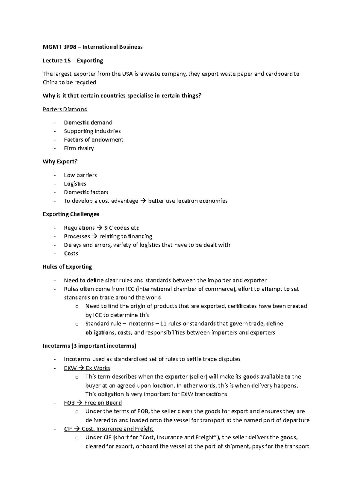 Lecture 15 - Exporting - MGMT 3P98 – International Business Lecture 15 ...