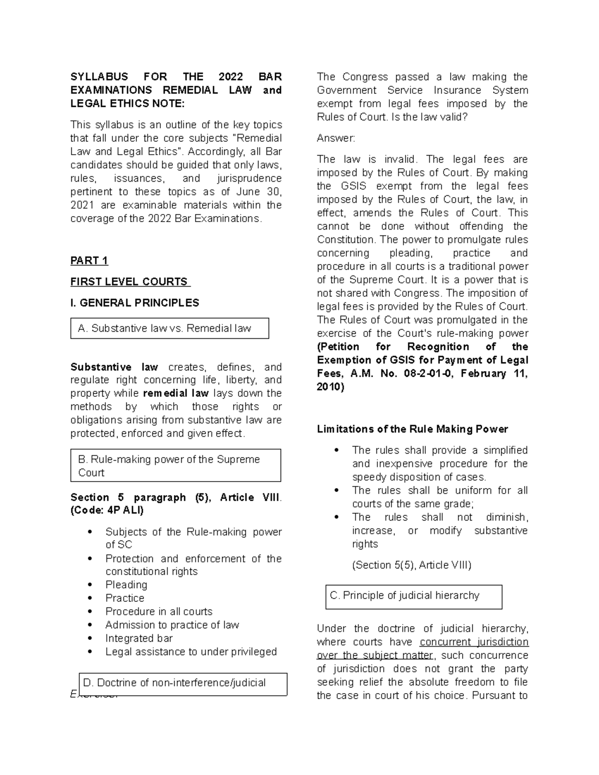 Syllabus FOR THE 2022 BAR Examinations Remedial LAW and Legal Ethics