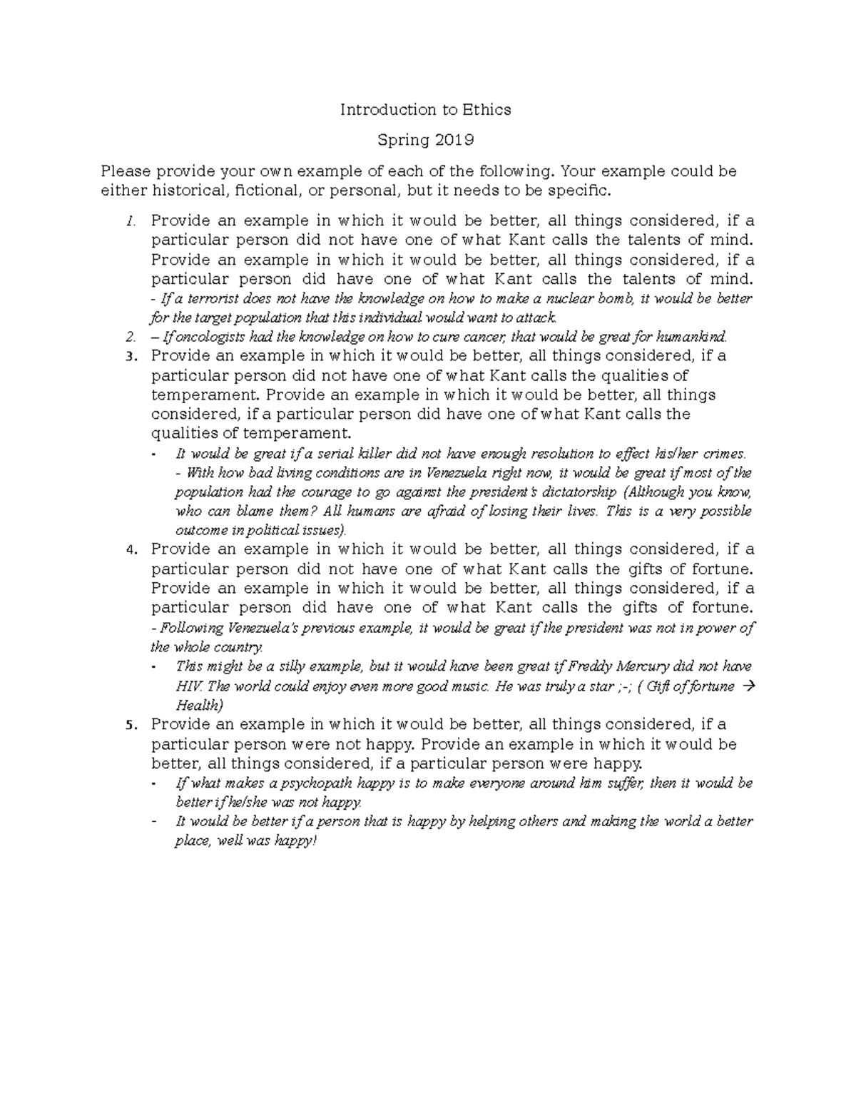 Week 10 Assignment - Introduction to Ethics Spring 2019 Please provide ...