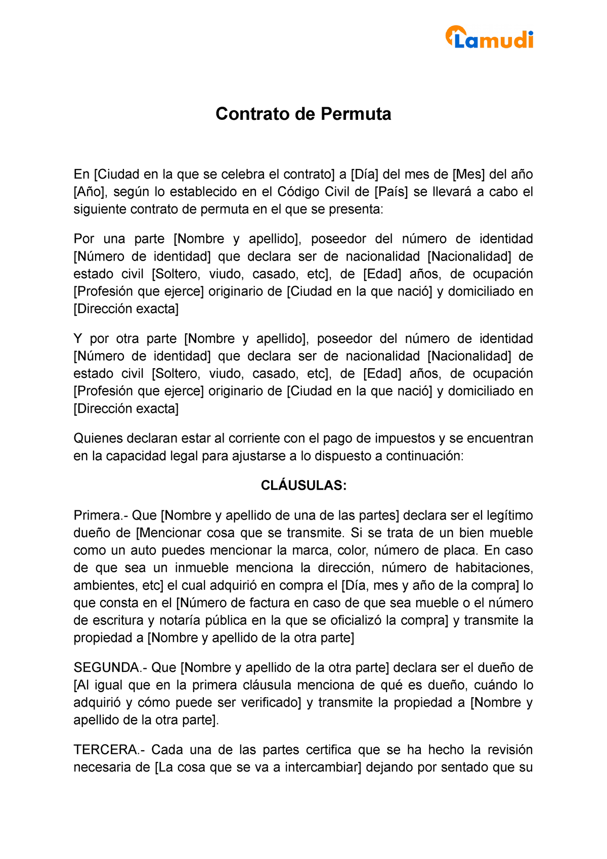 Modelo De Contrato De Permuta Word Contrato De Permuta En Ciudad En La Que Se Celebra El 0494