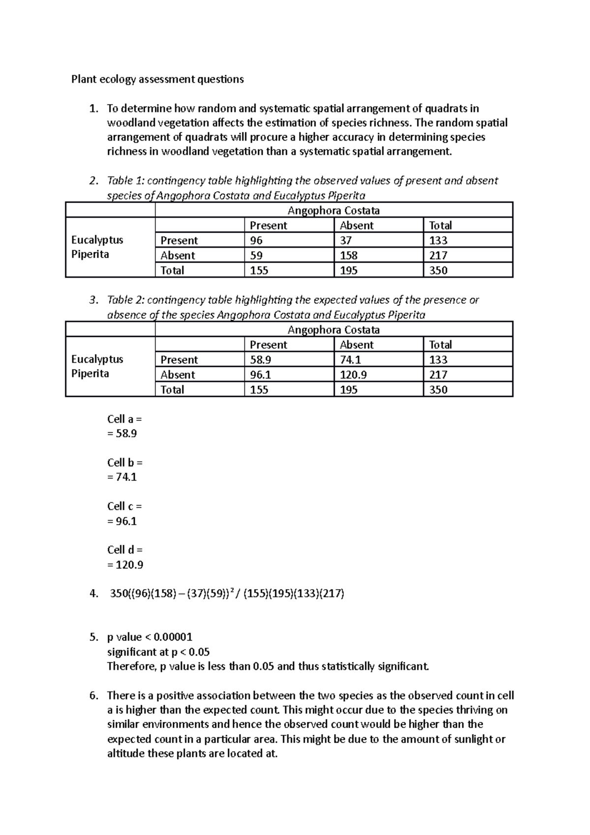 Plant ecology assessment questions The random spatial arrangement of