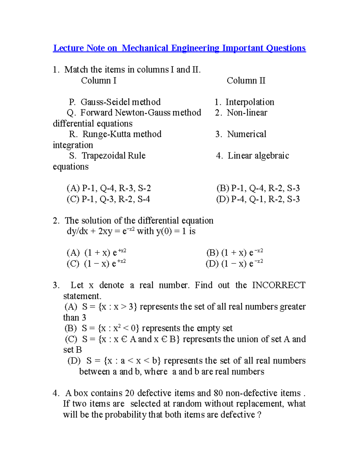 Lecture Note on Mechanical Engineering Important Questions - Column I ...