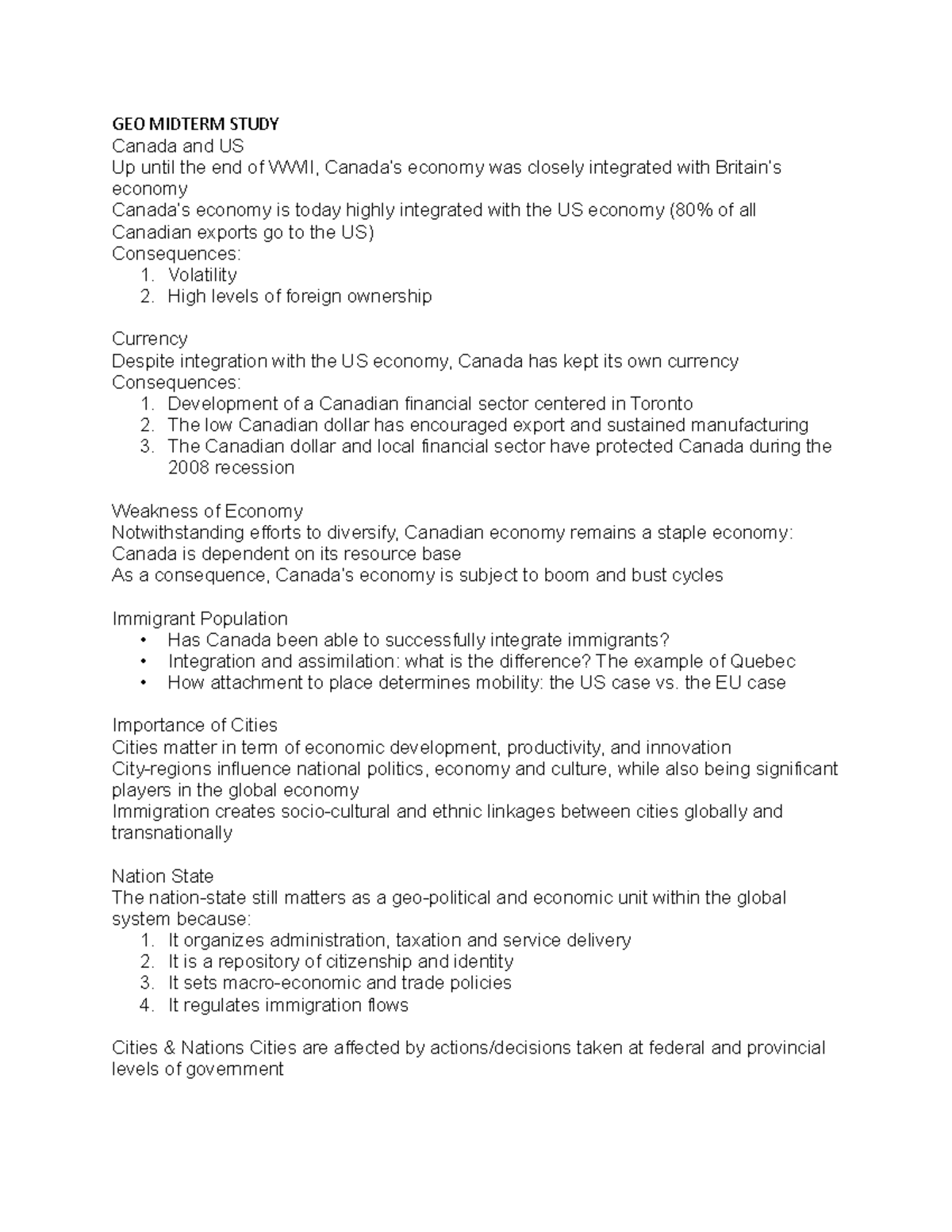 GEO Midterm Study - Lecture Notes 1-5 - GEO MIDTERM STUDY Canada And US ...