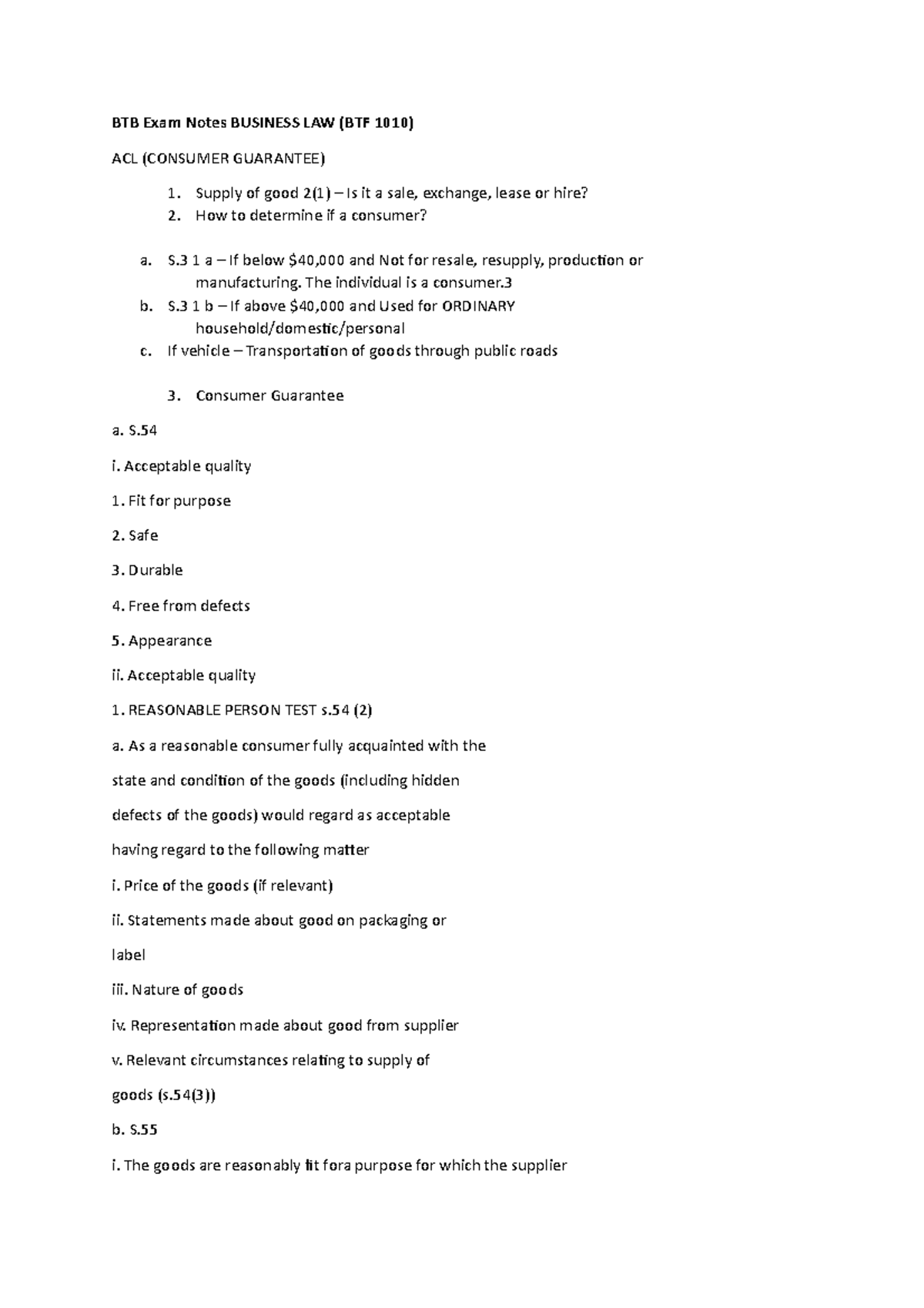 BTB Exam Notes Business LAW - BTB1010 - Monash - Studocu