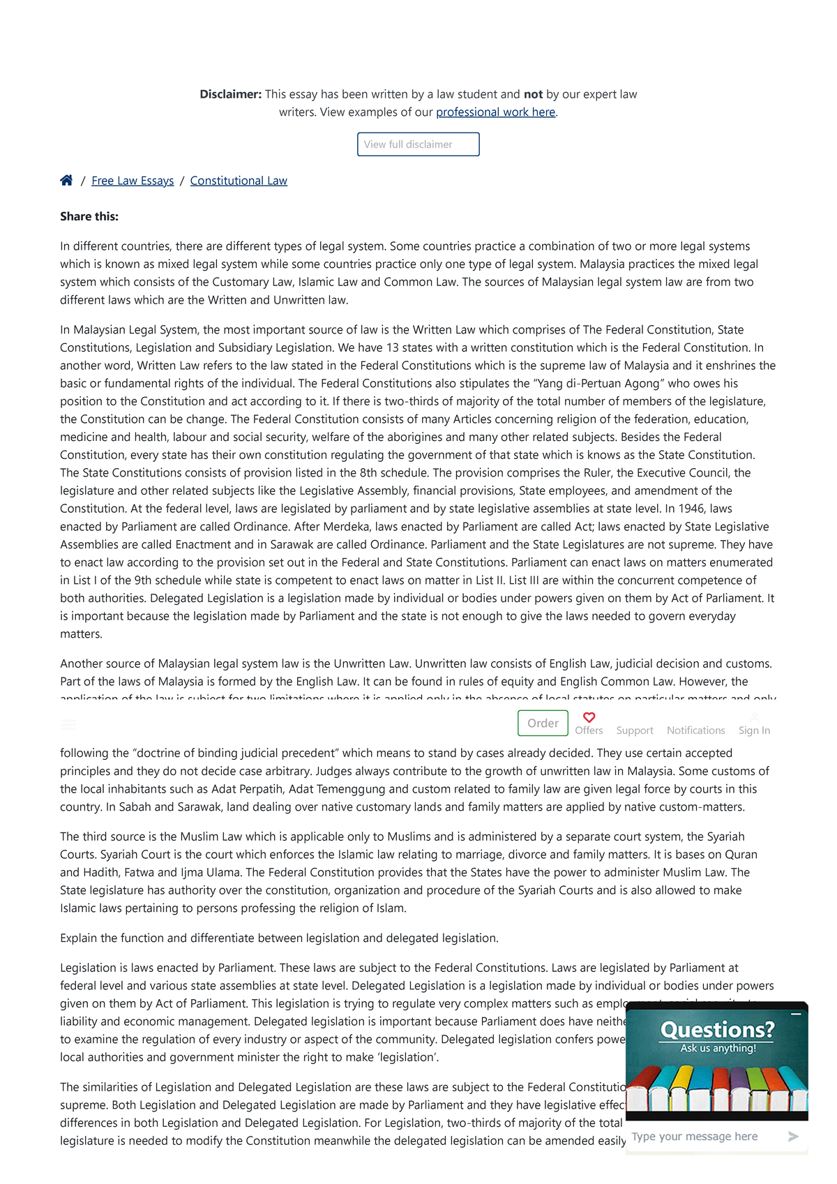 Sources of Malaysian Law / Free Law Essays / Constitutional Law