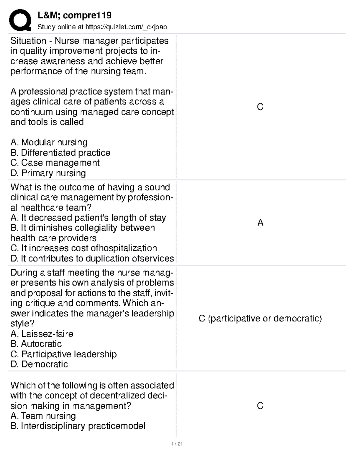 L&M Comprehensive leadership and management Study online at quizlet