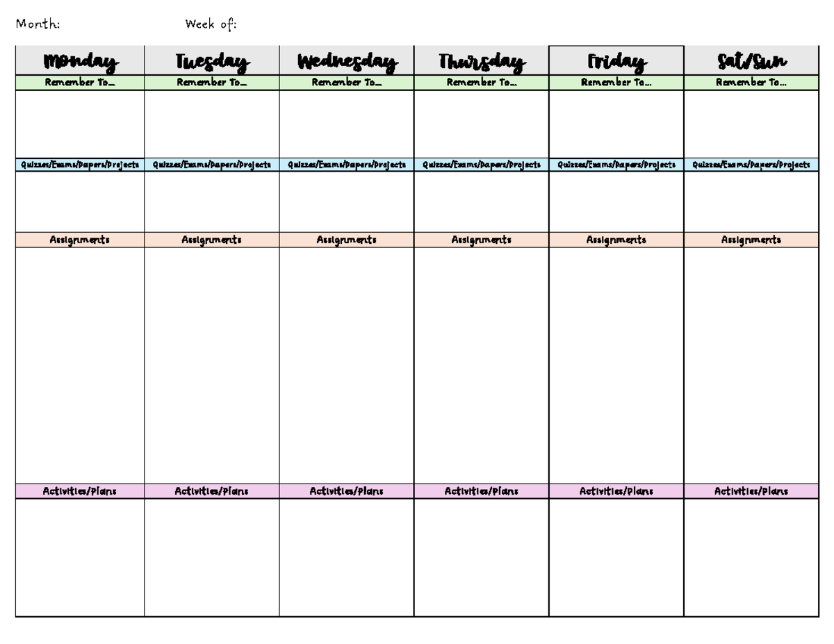 Weekly calendar - Month: Week of: Monday Tuesday Wednesday Thursday ...
