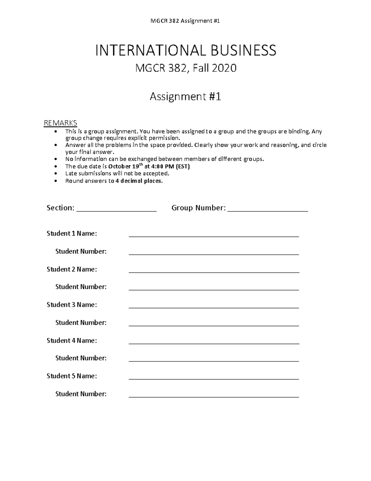 MGCR 382 Fall 2020 Assignment 1 - INTERNATIONAL BUSINESS MGCR 382, Fall ...