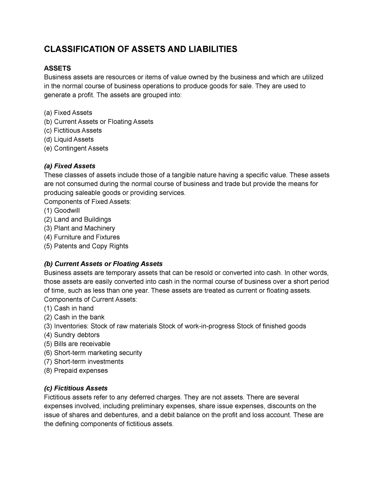 Classification Of Assets And Liabilities - CLASSIFICATION OF ASSETS AND ...