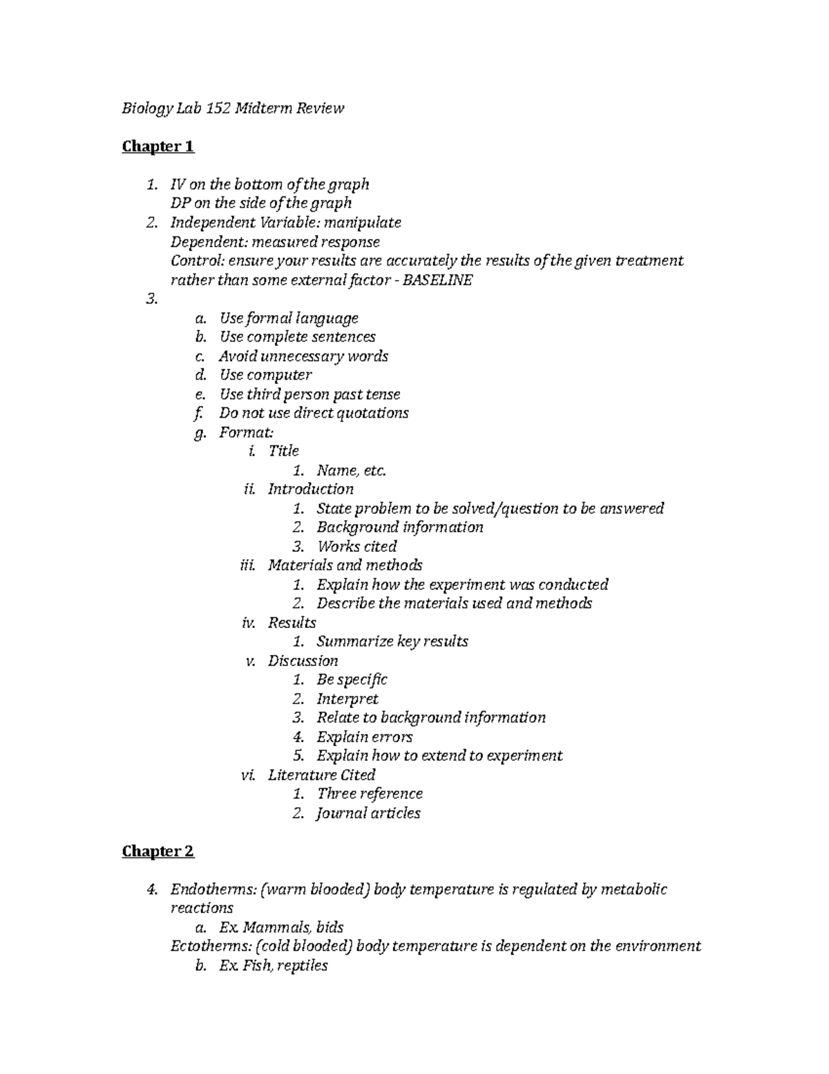 Biology Lab 152 Midterm Review - Biology Lab 152 Midterm Review Chapter ...