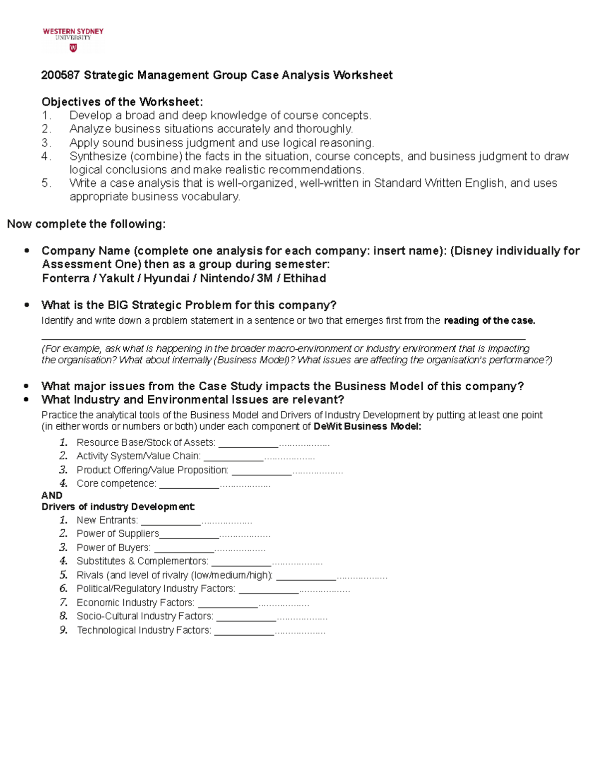 2020 Final 2005 87 Case Analysis sheet - 200587 Strategic Management ...