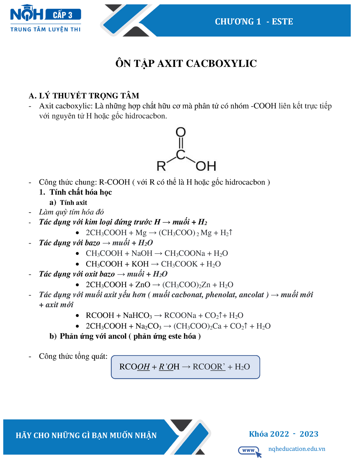 ÔN TẬP AXIT Cacboxylic Gia Sư Hóa 12 - CHƯƠNG 1 - ESTE H√Y CHO NHỮNG GÃ ...