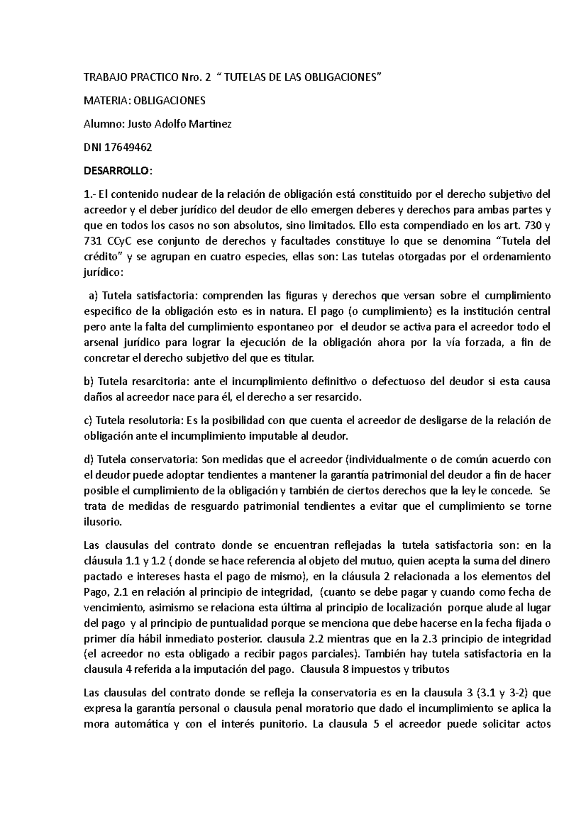 Tp 2 Obligaciones Trabajo Practico Trabajo Practico Nro 2 “ Tutelas De Las Obligaciones 2208