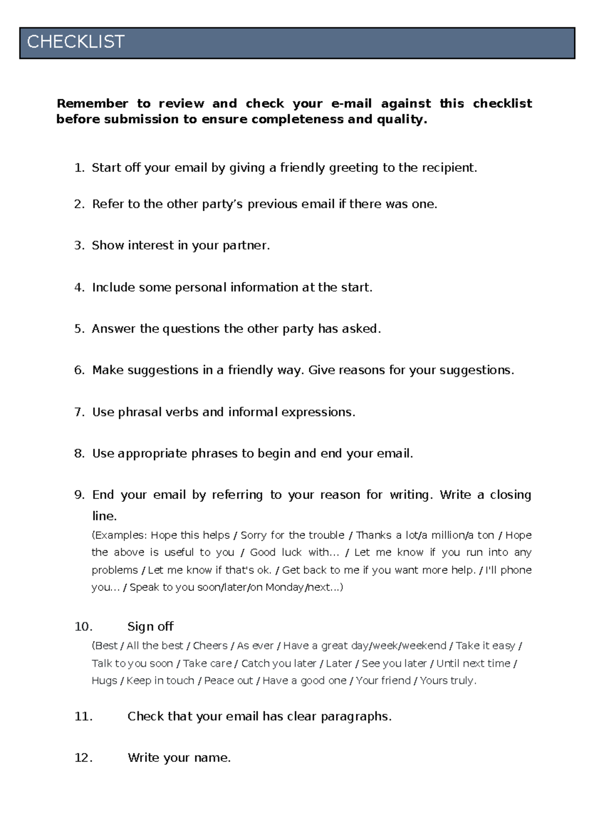 Checklist E-mail - Remember to review and check your e-mail against ...