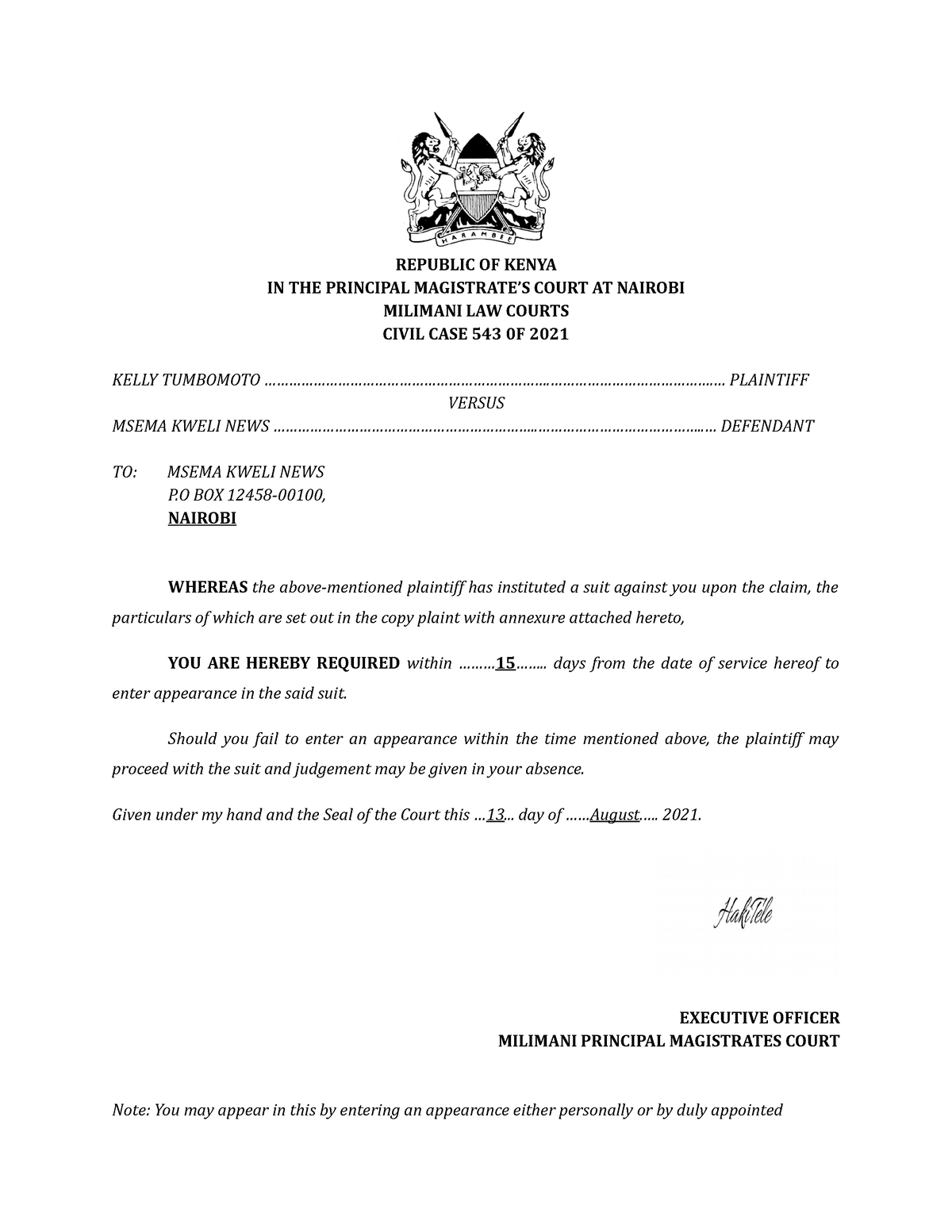 Summons To Enter Appearance Republic Of Kenya In The Principal Magistrates Court At Nairobi 2815