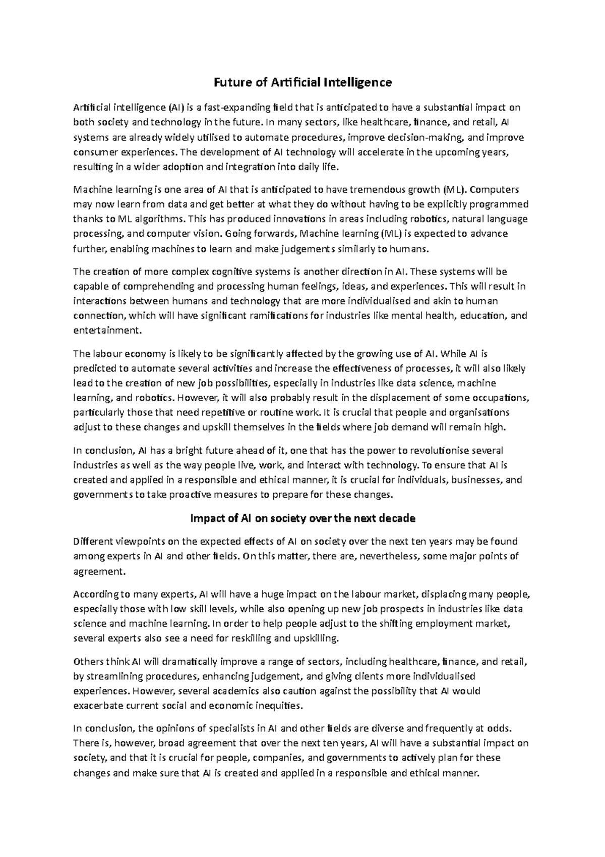 Part B (Reflection on the future of artificial intelligence) - Future ...