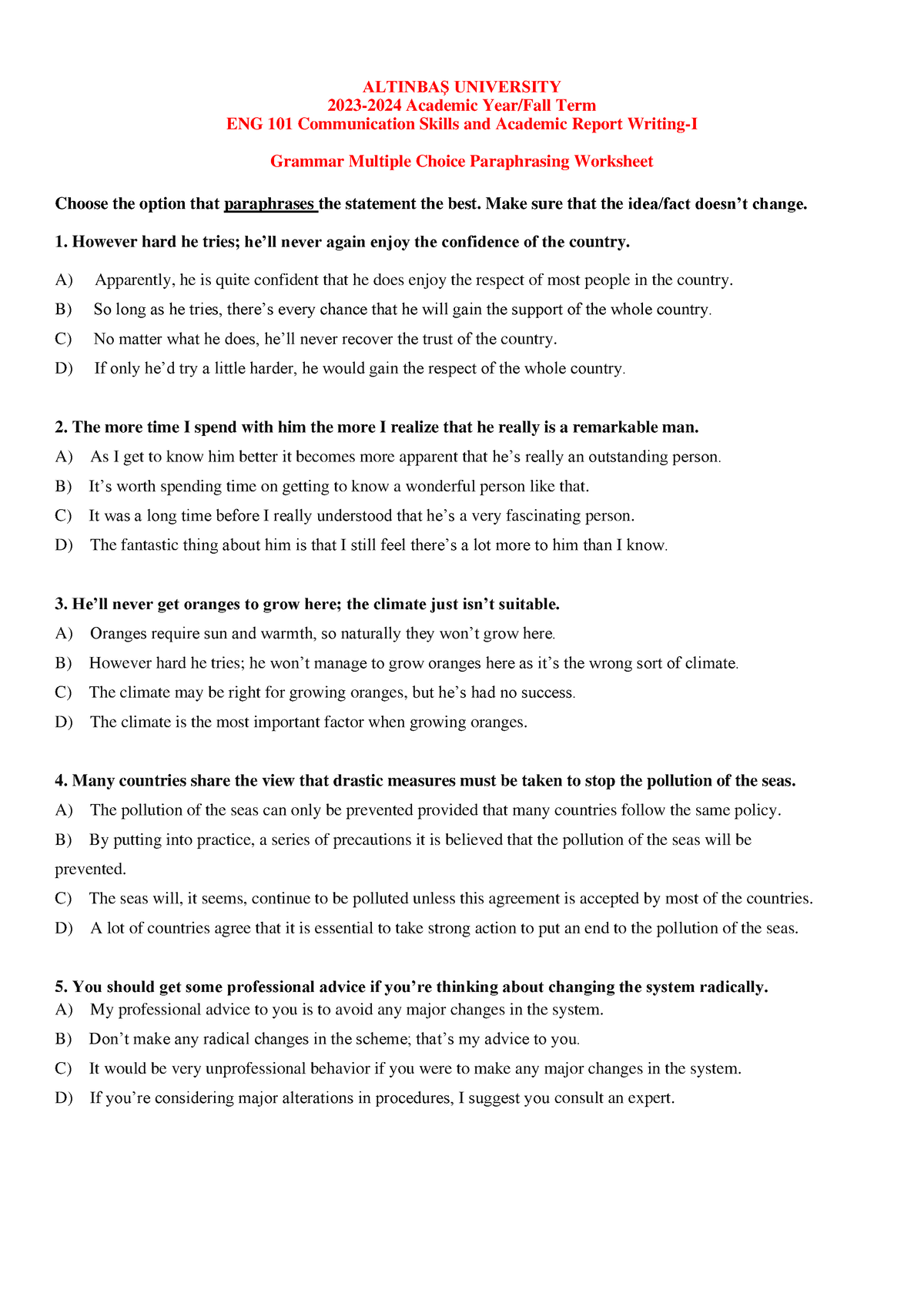 summarizing and paraphrasing multiple choice questions