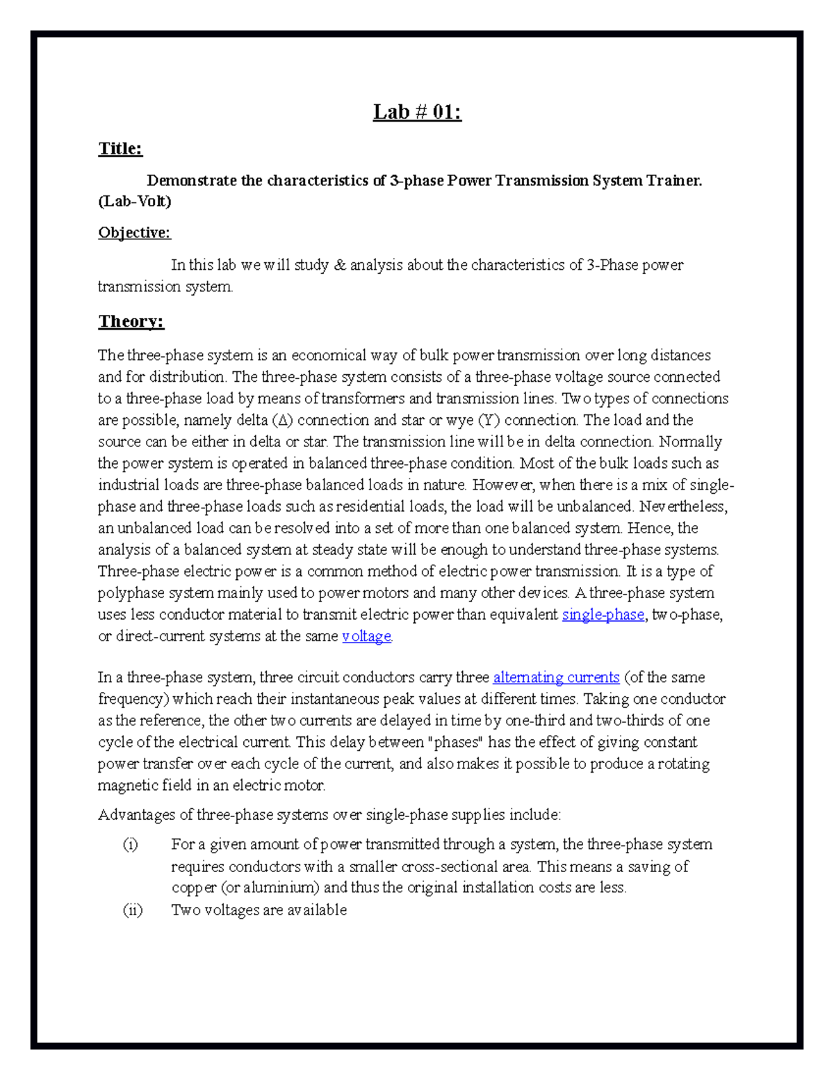 Report of Electrical Power Transmission Lab 01 Title Demonstrate