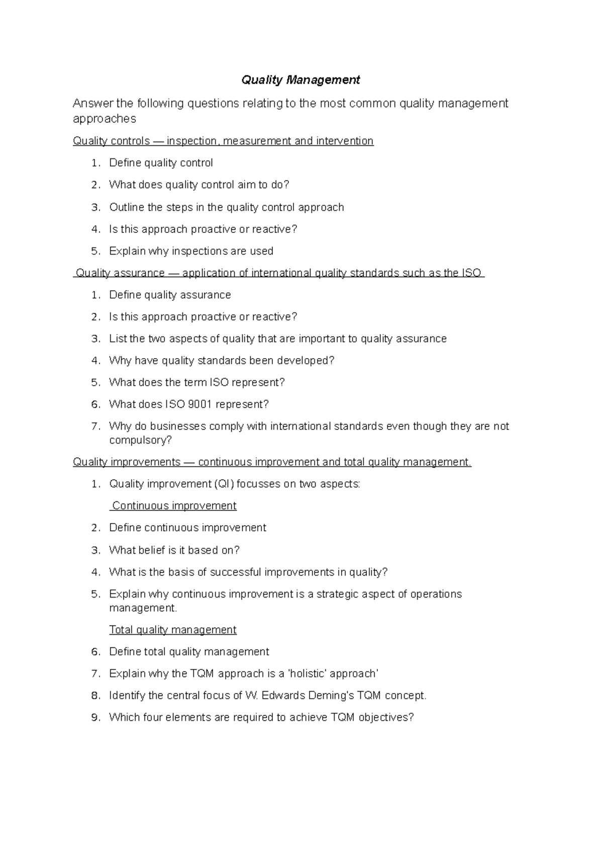 Quality Management - This is practise material - Quality Management ...