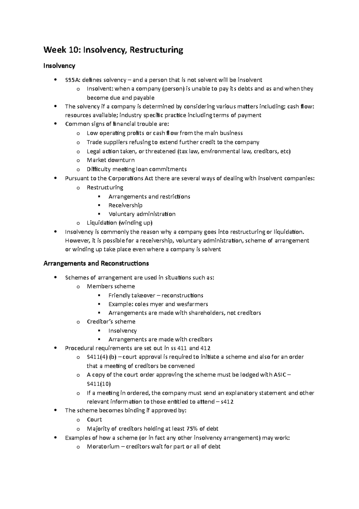 ACCG2051 Lec Notes W10 - Week 10: Insolvency, Restructuring Insolvency ...