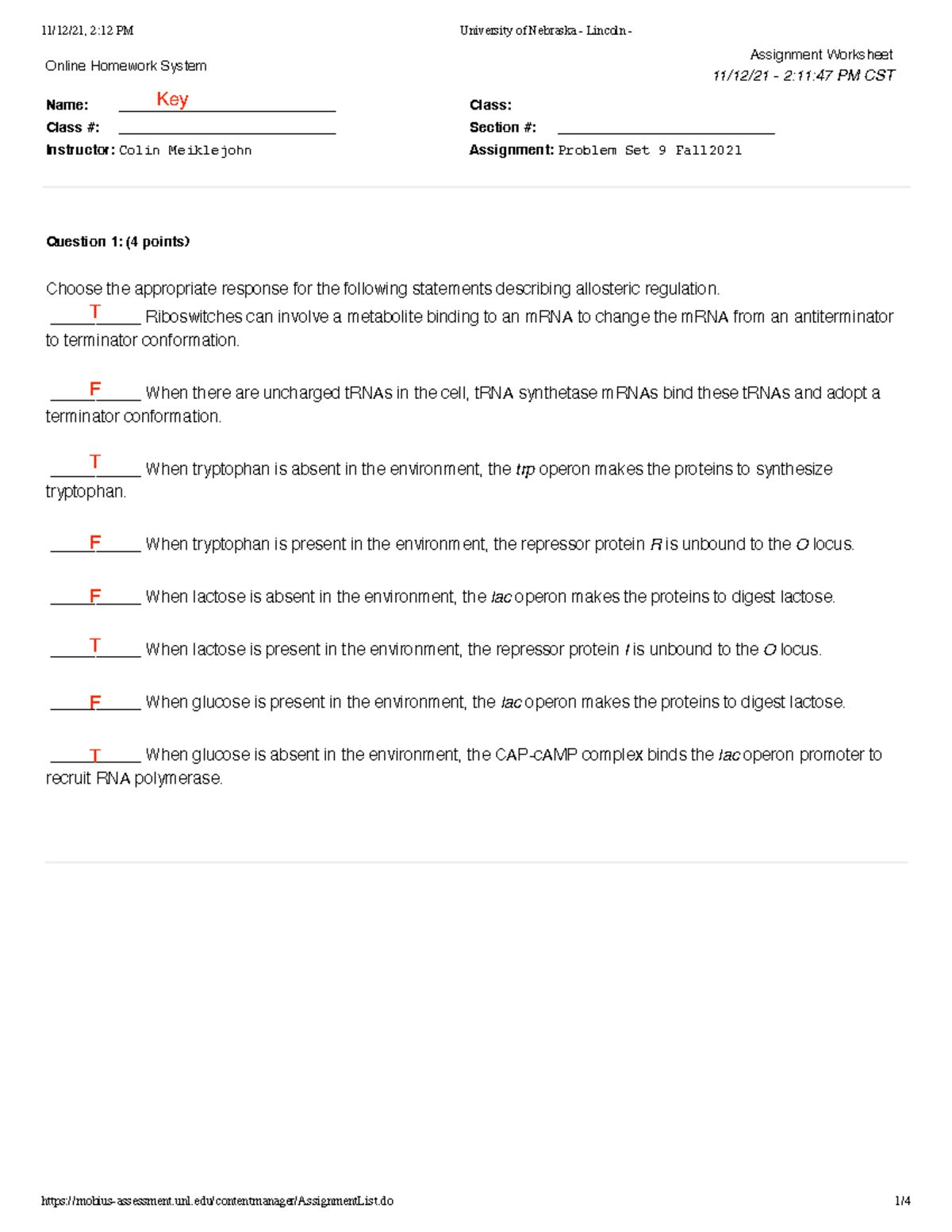 Problem Set 9 Fall2021 Key - Online Homework System Assignment ...