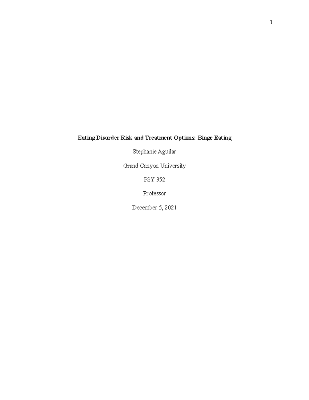 Eating disorder paper PSY-352 essay - Eating Disorder Risk and ...