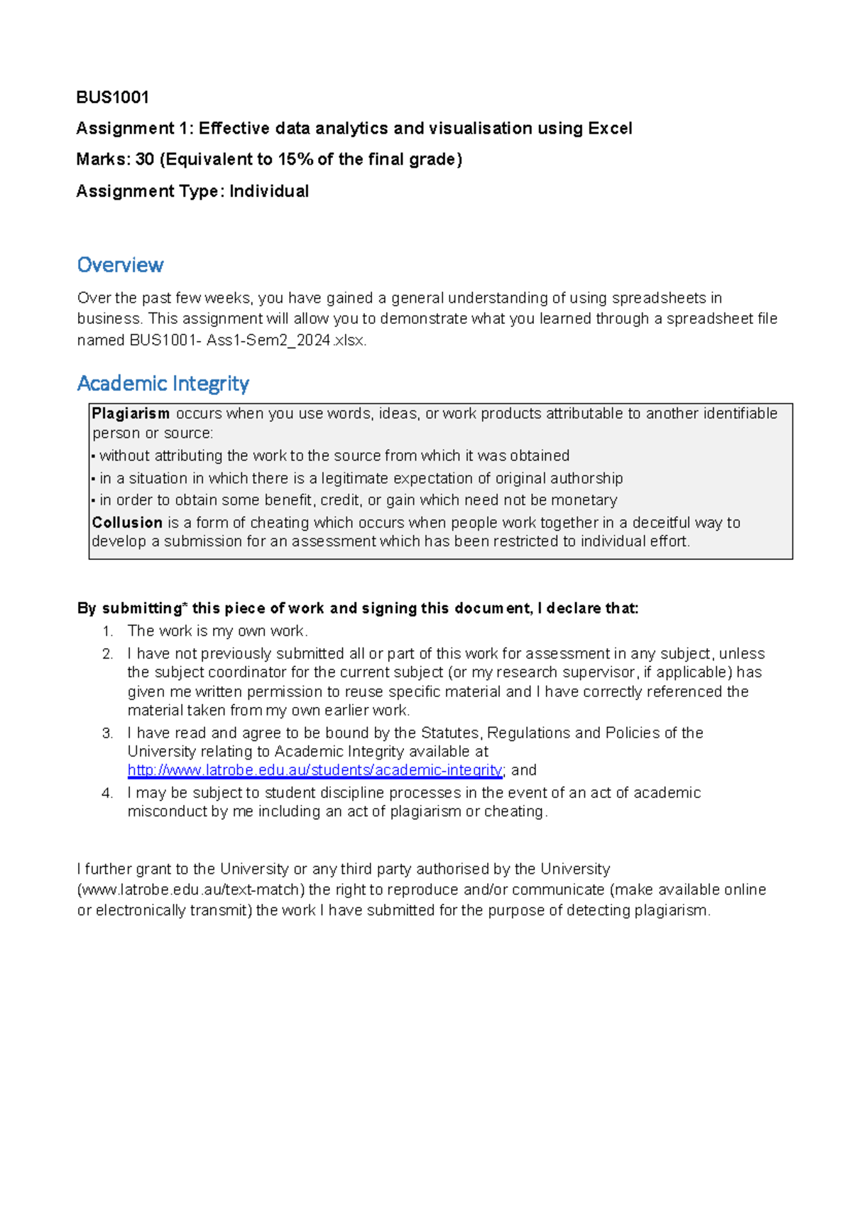 BUS1001 Ass1 Sem2 2024 - New - BUS Assignment 1: Effective data ...