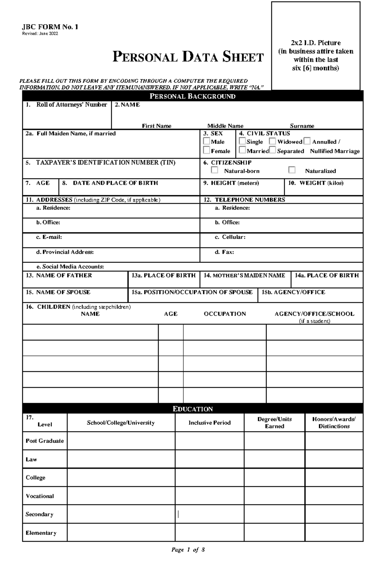 PDS-June 2022-Fillable - JBC FORM No. 1 Revised: June 2022 PERSONAL ...